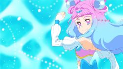 Rule 34 | 1girl, blouse, blue eyes, blue hair, blue nails, closed mouth, commentary request, cure la mer, double bun, from side, gradient hair, hair bun, hair intakes, hair ornament, kayabakoro, laura (precure), long hair, long sleeves, looking at viewer, magical girl, multicolored eyes, multicolored hair, nail polish, off-shoulder shirt, off shoulder, pink eyes, pink hair, precure, shirt, smile, solo, tropical-rouge! precure, white shirt