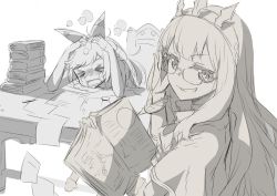 Rule 34 | &gt; &lt;, 10s, 2girls, adjusting eyewear, bespectacled, book, book stack, cagliostro (granblue fantasy), clarisse (granblue fantasy), commentary request, crying, closed eyes, glasses, gotyou, granblue fantasy, grin, hands on own head, jpeg artifacts, long hair, monochrome, multiple girls, open book, papers, rectangular mouth, sketch, smile, streaming tears, tears