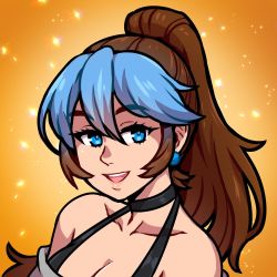 Rule 34 | 1girl, akairiot, black choker, blue eyes, blue hair, breasts, brown hair, choker, cleavage, commission, copyright request, earrings, gradient background, jewelry, multicolored hair, open mouth, orange background, ponytail, portrait, smile, solo, two-tone hair