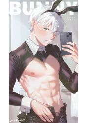 Rule 34 | 1boy, abs, absurdres, animal ears, blush, cellphone, collared shirt, cross, cross necklace, dated, ear blush, english text, green eyes, hair between eyes, highres, holding, holding phone, iyanhoho, jewelry, looking at viewer, male focus, male playboy bunny, meme attire, necklace, nipples, original, pectorals, phone, rabbit ears, reverse bunnysuit, reverse outfit, scar, shirt, short hair, shy, signature, smartphone, solo, toned, toned male, unzipped, upper body, white hair