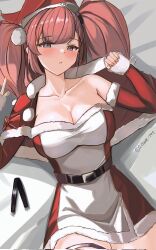 Rule 34 | atlanta (kancolle), bed sheet, belt, black belt, breasts, brown hair, capelet, cleavage, collarbone, detached sleeves, dimos (dawn 1945), dress, fur-trimmed capelet, fur-trimmed headwear, fur-trimmed sleeves, fur trim, grey eyes, hat, highres, kantai collection, large breasts, long hair, looking at viewer, lying, official alternate costume, on back, parted lips, red capelet, red dress, red hat, santa dress, santa hat, sleeves past wrists, strapless, strapless dress, twitter username, two-tone dress, two side up, white dress