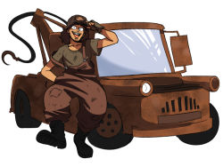Rule 34 | 1boy, :d, adjusting clothes, adjusting headwear, boots, brown hair, car, cars (movie), facial hair, facing viewer, fingerless gloves, full body, gloves, hat, highres, looking at viewer, male focus, motor vehicle, open mouth, overalls, personification, shirt, simple background, smile, teeth, tina fate, tow mater, tow truck, vehicle focus, walking, white background