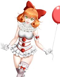 Rule 34 | 1girl, :d, absurdres, ahoge, arm strap, balloon, bow, bridal garter, brown hair, cowboy shot, facing viewer, gloves, green eyes, grey neckwear, hair between eyes, hair bow, highres, holding, holding balloon, it (stephen king), kimmy77, layered skirt, long hair, looking at viewer, microskirt, name connection, open mouth, penny polendina, pennywise, pleated skirt, red bow, rwby, skirt, sleeveless, smile, solo, standing, striped clothes, striped thighhighs, thighhighs, tongue, tongue out, transparent background, white gloves, white skirt, wrist cuffs