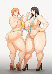Rule 34 | 2girls, areola slip, ass, black hair, breasts, cleft of venus, curvy, fellatio gesture, full body, high heels, highres, hip focus, huge ass, huge breasts, jujunaught, lip biting, long hair, looking at viewer, multiple girls, nami (one piece), naughty face, nico robin, one piece, orange hair, penetration gesture, plump, sexually suggestive, shiny skin, short hair, slingshot swimsuit, standing, swimsuit, thick thighs, thighs, thong, tongue, tongue out, wedgie, white background, wide hips