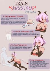 Rule 34 | 1boy, 1girl, ass, black gloves, black thighhighs, blush, breasts, brown eyes, burger, cleavage, closed mouth, collarbone, crossed arms, cup, demon girl, demon horns, demon tail, disembodied hand, drinking glass, elbow gloves, english text, faceless, faceless male, food, gloves, hanariel, highres, holding, holding tray, horns, large breasts, looking at another, looking away, open mouth, original, pink hair, pout, pouty lips, short hair, smile, suggestive fluid, tail, text focus, thighhighs, tray