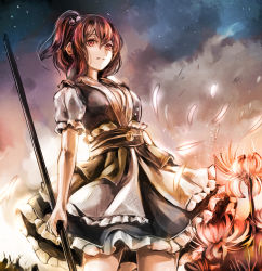 Rule 34 | 1girl, bad id, bad pixiv id, breasts, cleavage, cloud, cloudy sky, cowboy shot, expressionless, female focus, flower, hair bobbles, hair ornament, jan (lightdragoon), large breasts, night, night sky, onozuka komachi, outdoors, puffy short sleeves, puffy sleeves, red eyes, red hair, scythe, short hair, short sleeves, sketch, sky, solo, spider lily, star (sky), touhou, twintails, two side up