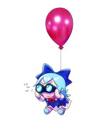 Rule 34 | 1girl, balloon, binoculars, blue bow, blue dress, blue hair, bow, chibi, cirno, commentary, dress, english commentary, fumo (doll), hair bow, highres, holding, holding binoculars, ice, ice wings, skullchimes, smile, solo, touhou, v-shaped eyebrows, watermark, wings