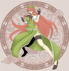 Rule 34 | 1girl, bandages, bow, breasts, chinese clothes, female focus, fighting stance, full body, gloves, hat, hong meiling, long hair, purple eyes, red hair, skirt, skirt set, solo, star (symbol), touhou, versapro