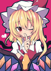 Rule 34 | 1girl, ;), ascot, beni shake, blonde hair, blush, crystal, finger to mouth, flandre scarlet, hat, hat ribbon, heart, index finger raised, looking at viewer, mob cap, one eye closed, pink background, red eyes, red ribbon, ribbon, shushing, side ponytail, smile, solo, touhou, upper body, wings, wrist cuffs