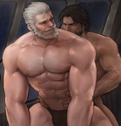 Rule 34 | 2boys, abs, age difference, arm hair, bara, beard, black male underwear, briefs, bulge, bulge to ass, cassidy (overwatch), chest hair, couple, dark-skinned male, dark skin, dopey (dopq), facial hair, hands on another&#039;s hips, highres, imminent penetration, interracial, kissing back, large pectorals, male focus, male underwear, mature male, multiple boys, muscular, muscular male, mustache, navel, nipples, old, old man, overwatch, overwatch 1, paid reward available, pectorals, reinhardt (overwatch), reversible couple, short hair, sideburns, stomach, thick eyebrows, thick thighs, thighs, underwear, underwear only, yaoi