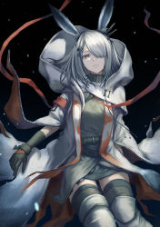 Rule 34 | 1girl, absurdres, animal ears, arknights, black background, black gloves, black thighhighs, blouse, clenched teeth, coat, cowboy shot, ear ornament, frostnova (arknights), gloves, grey eyes, grey hair, grey shirt, hair ornament, hair over one eye, hairclip, highres, hood, hooded coat, looking at viewer, open clothes, open coat, orange ribbon, parted lips, rabbit ears, ribbon, scar, scar on face, scar on nose, shirt, simple background, solo, teeth, thighhighs, white coat, yasu (segawahiroyasu)