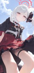 Rule 34 | 1girl, absurdres, bare legs, belt buckle, black jacket, blue archive, blush, buckle, cropped jacket, feet out of frame, from below, grey hair, halo, highres, jacket, light smile, looking at viewer, modare, mutsuki (blue archive), outdoors, petticoat, red eyes, red skirt, shirt, shirt tucked in, side ponytail, skirt, solo, thigh strap, white shirt
