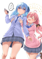 Rule 34 | &gt; &lt;, ..., 2girls, ahoge, blue cardigan, blue eyes, blue hair, blush, bow, bowtie, breasts, cardigan, cat hair ornament, cellphone, closed eyes, closed mouth, commentary, cowboy shot, frown, groping, hair ornament, hairclip, holding, holding phone, hololive, hoshimachi suisei, long hair, loose necktie, low twintails, medium breasts, medium hair, multiple girls, necktie, phone, pink cardigan, pink hair, plaid, plaid skirt, pleated skirt, sakura miko, school uniform, shaded face, shoes, side ponytail, simple background, skirt, small breasts, smartphone, smile, socks, spoken ellipsis, twintails, virtual youtuber, white background, yatsukishiro