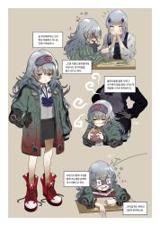 Rule 34 | 2girls, ^ ^, absurdres, bad id, bad twitter id, blush, bsue, closed eyes, closed mouth, closed eyes, facing another, g11 (girls&#039; frontline), girls&#039; frontline, grey hair, highres, hk416 (girls&#039; frontline), korean text, long hair, looking at viewer, messy hair, multiple girls, open mouth, red footwear, shoes, sneakers, translation request, wavy hair