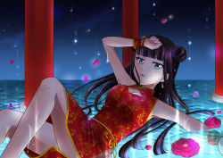 Rule 34 | 1girl, absurdres, aqua eyes, artist name, artist request, bare legs, bare shoulders, black hair, blush, breasts, china dress, chinese clothes, cleavage, cleavage cutout, clothing cutout, double bun, dress, earrings, female focus, floral print, flower, green eyes, hair bun, highres, jewelry, kurosawa dia, long hair, looking at viewer, love live!, love live! sunshine!!, medium breasts, midori (lolo12 skm), mole, mole under mouth, night, night sky, outdoors, parted lips, petals, red dress, red wrist cuffs, sky, solo, star (sky), wrist cuffs