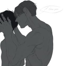Rule 34 | 2boys, abs, black hair, blush, closed eyes, closed mouth, commentary request, english text, eyelashes, facing away, fingernails, from side, grey hair, grey theme, greyscale, hands in hair, hands on another&#039;s head, hands up, happy, head out of frame, height difference, highres, jitome, katsuki yuuri, liam yoi, light smile, male focus, monochrome, multiple boys, muscular, muted color, nape, nose blush, nuzzle, profile, shoulder blades, simple background, speech bubble, standing, topless male, upper body, viktor nikiforov, white background, yaoi, yuri!!! on ice