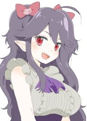 Rule 34 | + +, 1girl, absurdres, ahoge, bad id, bad twitter id, blush, breasts, donguri suzume, fang, frills, hair between eyes, hair ribbon, highres, large breasts, looking at viewer, open mouth, pointy ears, purple hair, red eyes, ribbon, sleeveless, smile, solo, teeth, tobari chan nenu, twintails, virtual youtuber, yoruno tobari