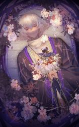 Rule 34 | 1boy, absurdres, cherry blossoms, daleth (sky: children of the light), flower, glint, hair between eyes, highres, light particles, lying, short hair, sky: children of the light, sky child, sleeping, solo, sparkle, stab, sword, sy soyue, weapon