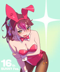 Rule 34 | 1girl, absurdres, animal ears, blue background, bow, bowtie, breasts, brown hair, brown pantyhose, cleavage, commentary request, cowboy shot, detached collar, fukusuke hachi-gou, gradient background, hair ribbon, highres, leaning forward, leotard, long hair, medium breasts, multicolored eyes, original, pantyhose, playboy bunny, ponytail, rabbit ears, red bow, red bowtie, ribbon, side-tie leotard, solo, sparkle, wrist cuffs