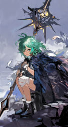 Rule 34 | 1girl, alchemaniac, bandages, boots, cloak, cloud, expressionless, granblue fantasy, green eyes, green hair, hair over one eye, highres, kolulu (granblue fantasy), long hair, looking at viewer, messy hair, parted lips, polearm, sitting, sketch, sky, solo, spear, weapon