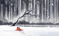 Rule 34 | bare tree, blood on snow, footprints, grey sky, kneeling, kyouichi, lake, original, red robe, robe, scenery, sky, snow, snowing, solo, tree
