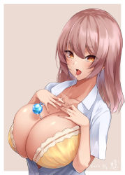 Rule 34 | 1girl, between breasts, bra, breasts, breasts out, brown background, brown eyes, brown hair, candy, cleavage, collarbone, collared shirt, dated, fingernails, food, highres, huge breasts, kurokawa otogi, lollipop, long hair, looking at viewer, open clothes, open mouth, open shirt, original, saliva, saliva trail, shirt, signature, solo, tongue, tongue out, underwear, upper body, white shirt, wing collar, yellow bra