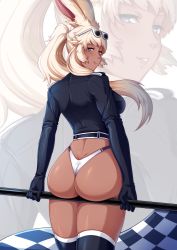 Rule 34 | 1girl, ass, ass support, blonde hair, blue eyes, blush, breasts, butt crack, dark-skinned female, dark skin, dimples of venus, final fantasy, final fantasy xiv, flag, from behind, gloves, highres, huge ass, large breasts, lilisette illderthane (lilisettexiv), long hair, looking at viewer, looking back, parted lips, ponytail, rabbit ears, shiny clothes, shiny skin, sideboob, smile, solo, thighhighs, thong, viera, yamanata