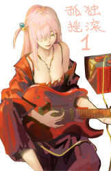 Rule 34 | 1girl, bare shoulders, bocchi the rock!, breasts, cable, closed eyes, closed mouth, commentary, dress, electric guitar, eyelashes, gotoh hitori, guitar, hair ornament, hair over eyes, highres, instrument, invisible chair, jacket, jewelry, knee up, lipstick, long hair, long sleeves, makeup, medium breasts, music, necklace, off shoulder, one eye covered, one side up, pendant, pink hair, playing instrument, qianyu rainz, red dress, red jacket, red theme, simple background, sitting, sleeveless, sleeveless dress, smile, solo, white background