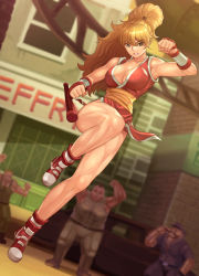 Rule 34 | 1girl, 3boys, blonde hair, breasts, building, capcom, cleavage, facial hair, final fight, genryuusai maki, highres, large breasts, long hair, multiple boys, muscular, muscular female, muscular male, mustache, ponytail, seed01010, shoes, sleeveless, sneakers, street fighter