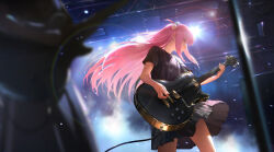 Rule 34 | 1girl, alternate breast size, black shirt, blue eyes, bocchi the rock!, breasts, commentary request, cube hair ornament, diaodiao, electric guitar, gibson les paul, gotoh hitori, guitar, hair between eyes, hair ornament, highres, holding, holding instrument, instrument, long hair, music, pink hair, playing instrument, pleated skirt, shirt, sidelocks, skirt, small breasts, smoke, solo, stage, stage lights