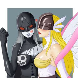 angel angel_girl angewomon demon demon_girl digimon digimon_(creature) fallen_angel head_wings ladydevimon lipstick lipstick_mark long_hair makeup mask wings