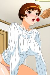 Rule 34 | 1girl, blush, breasts, brown eyes, brown hair, candy, covered erect nipples, food, indoors, large breasts, lollipop, no pants, non-web source, open mouth, panties, pink panties, short hair, solo, solo focus, super real mahjong, sweater, tagme, tanaka ryou, toyohara etsuko, underwear