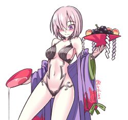 Rule 34 | 1girl, alcohol, artist name, bare shoulders, blush, breasts, collarbone, commentary, cosplay, cup, english commentary, fate/grand order, fate (series), food, fruit, gluteal fold, grapes, hair over one eye, highres, japanese clothes, kimono, large breasts, lirilias, mash kyrielight, navel, off shoulder, open clothes, open kimono, peach, pink hair, purple eyes, purple kimono, revealing clothes, sakazuki, sake, short hair, shuten douji (fate), shuten douji (fate) (cosplay), simple background, solo, spilling, stomach, twitter username, wavy mouth, white background