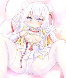 Rule 34 | 1girl, azur lane, blush, breasts, commentary request, double bun, hair bun, highres, le malin (azur lane), long hair, looking at viewer, panties, pantyhose, small breasts, solo, spread legs, underwear, white pantyhose