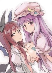 Rule 34 | 2girls, :o, asymmetrical docking, blush, breast hold, breast press, breasts, crescent, dress shirt, female focus, hat, head wings, koakuma, large breasts, long hair, looking at viewer, multiple girls, no bra, open clothes, open shirt, patchouli knowledge, purple eyes, purple hair, red eyes, red hair, shirt, sinzan, sketch, smile, symmetrical docking, touhou, white background, wings, yuri