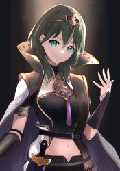 Rule 34 | 1girl, alternate hair color, black background, black shirt, black shorts, breasts, byleth (female) (fire emblem), byleth (fire emblem), circlet, cloak, closed mouth, commentary request, cowboy shot, crop top, cropped shirt, dagger, enlightened byleth (female), fire emblem, fire emblem: three houses, fire emblem heroes, green eyes, green hair, hair between eyes, hand up, highres, knife, komurice, long hair, looking at viewer, medium breasts, midriff, navel, nintendo, official alternate costume, sheath, sheathed, shirt, shorts, sidelocks, smile, solo, standing, tassel, vambraces, weapon, white cloak