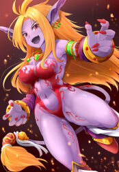 Rule 34 | 1girl, animal ears, blonde hair, blue skin, breasts, breath of fire, breath of fire ii, colored skin, commission, earrings, foot out of frame, highres, jewelry, kitayama miuki, long hair, looking at viewer, medium breasts, navel, open mouth, pointy ears, purple skin, rinpoo chuan, skeb commission, smile, solo, tail