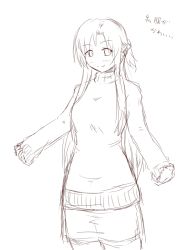 Rule 34 | 10s, 1girl, asuna (sao), blush, breasts, closed mouth, kaname (artist), long hair, long sleeves, looking at viewer, monochrome, shorts, sidelocks, simple background, sketch, sleeves past wrists, small breasts, smile, solo, standing, sweater, sword art online, turtleneck, turtleneck sweater, upper body, white background