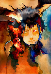 Rule 34 | abstract, androgynous, black hair, braid, face, gender request, kaneda eiji, looking away, painting (medium), red eyes, solo, traditional media, watercolor (medium)