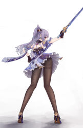 Rule 34 | 1girl, absurdres, ass, black gloves, black pantyhose, chinese clothes, earrings, genshin impact, gloves, hairband, high heels, highres, holding, holding sword, holding weapon, jewelry, jian (weapon), keqing (genshin impact), long hair, looking at viewer, looking back, pantyhose, purple hair, red eyes, simple background, skirt, solo, sword, twintails, vremyatsay, weapon, white background