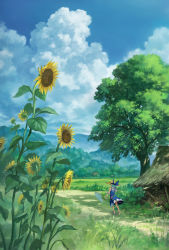 Rule 34 | 1girl, absurdres, architecture, bad id, bad pixiv id, bare arms, bare shoulders, blue dress, blue hair, blue ribbon, blue sky, butterfly net, cirno, cloud, day, dress, east asian architecture, flower, forest, from behind, grass, hand net, hat, hat flower, hat ribbon, highres, house, landscape, meadow, morning glory, mountain, nature, outdoors, path, pinafore dress, ribbon, road, ruins, rural, sandals, sasaj, scenery, short hair, sky, sleeveless, sleeveless dress, solo, straw hat, summer, sunflower, tanned cirno, thatched roof, touhou, tree, walking, walking away, wide shot, wings