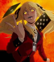 Rule 34 | 1girl, ace (playing card), blonde hair, blush, buttons, card, evil grin, evil smile, eyebrows, fingernails, glowing, glowing eyes, grin, hair between eyes, hair ornament, hair ribbon, hand up, highres, hyakkaou academy school uniform, japanese text, jewelry, kakegurui, long hair, looking at viewer, nail polish, name tag, necklace, open mouth, playing card, red shirt, ribbon, saotome mary, school uniform, shirt, sidelocks, smile, solo, teeth, tongue, two-tone background, two side up, wrist cuffs, yellow eyes