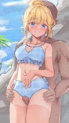 Rule 34 | 1boy, 1girl, absurdres, bad id, bad pixiv id, bare shoulders, beach, between legs, bikini, blonde hair, blue bikini, blue eyes, blush, breasts, cleavage, clothed female nude male, collarbone, cowboy shot, earrings, frilled bikini, frills, grin, hair bun, highres, hololive, hololive english, jewelry, looking at viewer, medium breasts, medium hair, mole, mole on breast, navel, necklace, nude, outdoors, penis, shironekokfp, sketch, sky, smile, swimsuit, tan, tanline, thigh sex, virtual youtuber, watson amelia