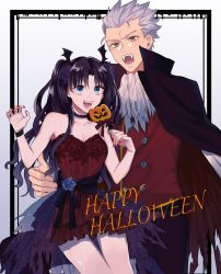 Rule 34 | 1boy, 1girl, archer (fate), bat hair ornament, black hair, black ribbon, blue eyes, blue flower, cape, choker, collarbone, commentary request, cowboy shot, dark skin, dress, fangs, fate/stay night, fate (series), flower, grey hair, hair ornament, halloween, halloween costume, hand on own hip, hands up, highres, hover hand, jack-o&#039;-lantern, long hair, looking at viewer, nail polish, open mouth, red cape, red dress, red nails, red vest, ribbon, shimatori (sanyyyy), tohsaka rin, torn cape, torn clothes, two-sided cape, two-sided fabric, two side up, vampire costume, vest, white background