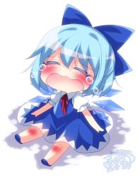 Rule 34 | 1girl, 2015, bad id, bad pixiv id, blue dress, blue hair, blush, bow, cirno, crying, dated, dress, closed eyes, hair bow, ice, ice wings, mikazuki sara, open mouth, puffy short sleeves, puffy sleeves, shirt, short sleeves, sitting, solo, touhou, wavy mouth, wings