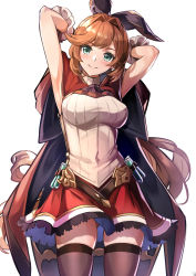 Rule 34 | 1girl, alisia0812, armpits, arms up, black thighhighs, breasts, brown hair, cape, clarisse (granblue fantasy), gloves, granblue fantasy, green eyes, highres, long hair, looking at viewer, medium breasts, simple background, skirt, sleeveless, sleeveless sweater, smile, sweater, thighhighs, white background