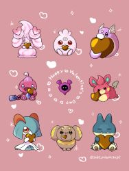 Rule 34 | alcremie, alternate color, artist name, closed eyes, closed mouth, colored skin, commentary request, creatures (company), dog, dratini, fangs, fidough, forehead jewel, game freak, gen 1 pokemon, gen 2 pokemon, gen 3 pokemon, gen 4 pokemon, gen 8 pokemon, green hair, happy valentine, head wings, heart, highres, igglybuff, kirlia, munchlax, nintendo, no humans, pawmi, pecharunt, pokemon, pokemon (creature), red background, red eyes, saki pokeoekaki, shiny pokemon, simple background, sitting, snake, tinkatink, twitter username, white skin, wings