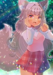 Rule 34 | 1girl, :d, animal ear fluff, animal ears, blunt bangs, blush, breasts, brown eyes, brown hair, camisole, commission, cowboy shot, day, hair intakes, hands up, kou hiyoyo, lens flare, long hair, long sleeves, looking at viewer, open mouth, original, outdoors, pink camisole, plaid, plaid skirt, pleated skirt, puffy long sleeves, puffy sleeves, red skirt, shirt, skeb commission, skirt, small breasts, smile, solo, standing, tail, very long hair, virtual youtuber, white shirt