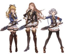 Rule 34 | 10s, 3girls, ankle boots, blonde hair, boots, bow, bowtie, brown eyes, brown footwear, brown hair, brown legwear, detached sleeves, farrah (granblue fantasy), full body, granblue fantasy, grey eyes, hand on own hip, hand on own chin, headband, katalina (granblue fantasy), knee boots, long hair, looking at viewer, military, military uniform, minaba hideo, multiple girls, official art, open mouth, pantyhose, pleated skirt, short hair, silver hair, skirt, smile, standing, sword, thigh boots, thighhighs, transparent background, uniform, vira (granblue fantasy), weapon, zettai ryouiki