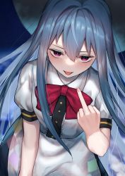 Rule 34 | 1girl, absurdres, bad id, bad pixiv id, blue hair, blush, bow, bowtie, breasts, dutch angle, hair between eyes, highres, hinanawi tenshi, long hair, looking at viewer, middle finger, pinponpaaru, puffy short sleeves, puffy sleeves, red bow, red bowtie, red eyes, shirt, short sleeves, solo, tongue, tongue out, touhou, upturned eyes, very long hair, white shirt